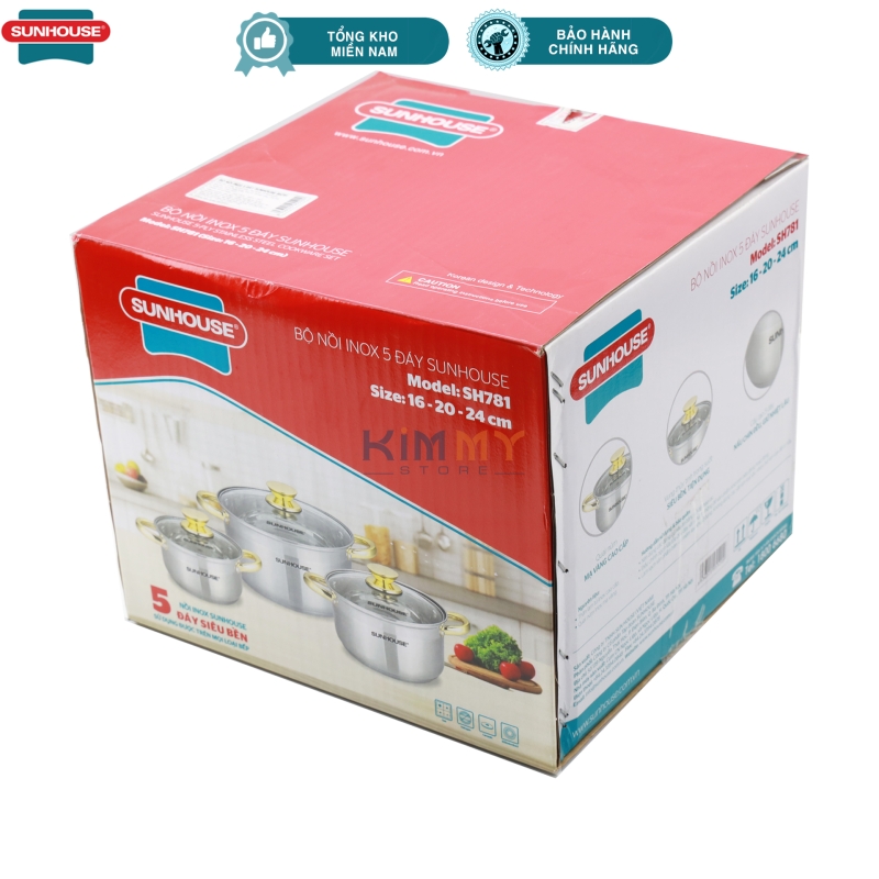 Bộ 3 nồi INOX đáy 5 lớp quai gold Sunhouse SH781